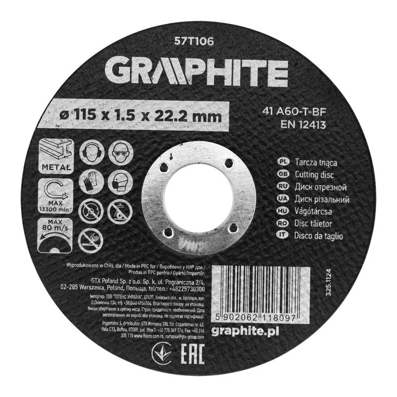 GRAPHITE Cutting wheel, aluminium oxide for metal 115 x 1.5 x 22.2 mm, 41 A60-T-BF — 57T106