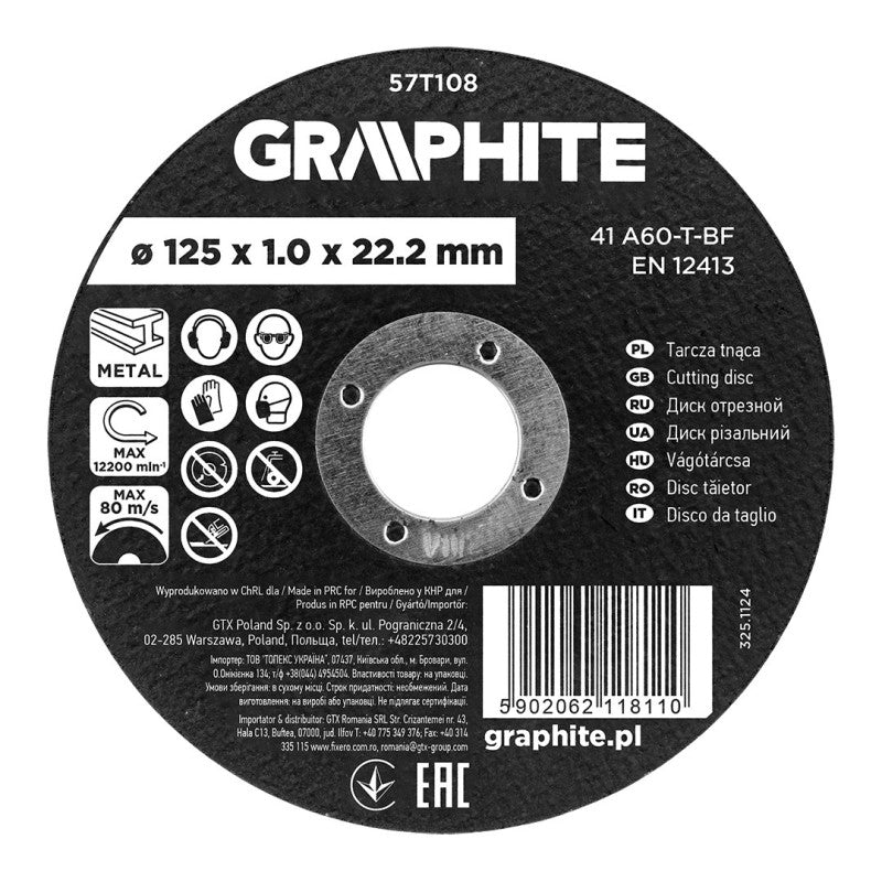 GRAPHITE Cutting disc, aluminium oxide for metal 125 x 1.0 x 22.2 mm, 41 A60-T-BF — 57T108