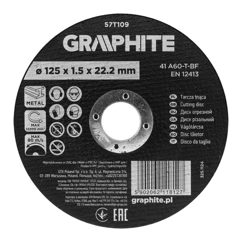 GRAPHITE Cutting disc, aluminium oxide for metal 125 x 1.5 x 22.2 mm, 41 A60-T-BF — 57T109