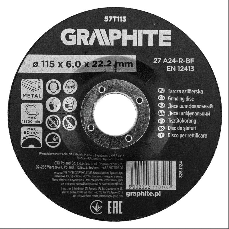 GRAPHITE Grinding disc, aluminium oxide for metal 115 x 6.0 x 22.2 mm, 27 A24-R-BF, convex — 57T113