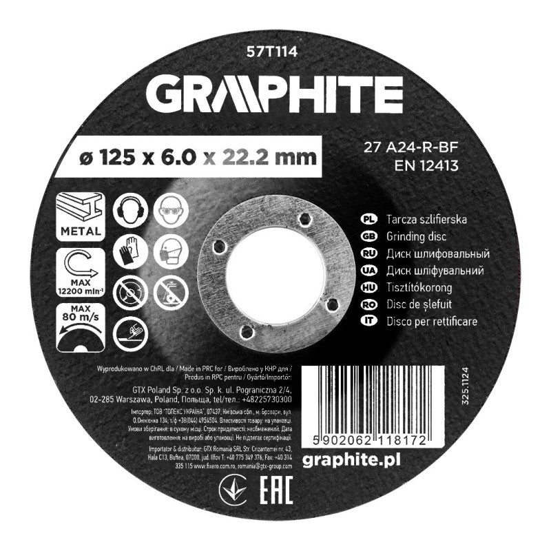 GRAPHITE Grinding disc, aluminium oxide for metal 125 x 6.0 x 22.2 mm, 27 A24-R-BF, convex — 57T114