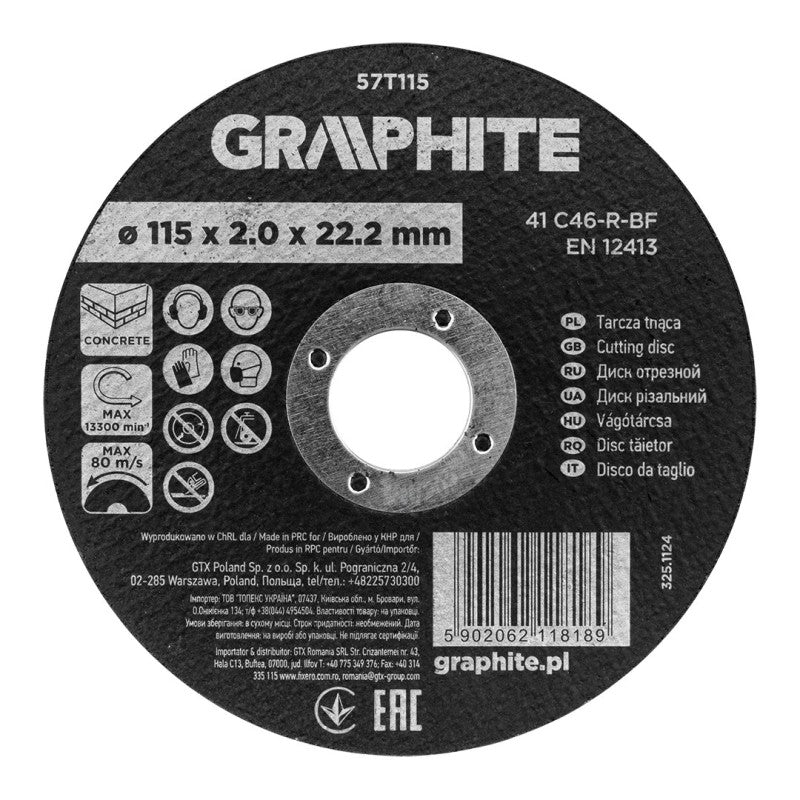 GRAPHITE Cutting disc, aluminium oxide for concrete 115 x 2.0 x 22.2 mm, 41 C46-R-BF — 57T115