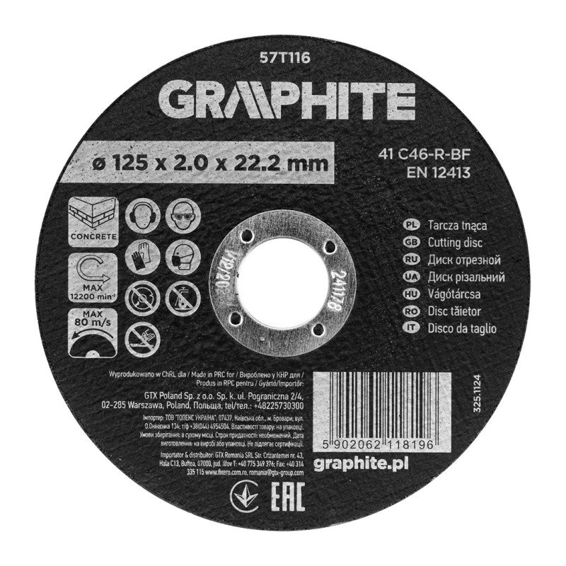 GRAPHITE Cutting disc, aluminium oxide for concrete 125 x 2.0 x 22.2 mm, 41 C46-R-BF — 57T116