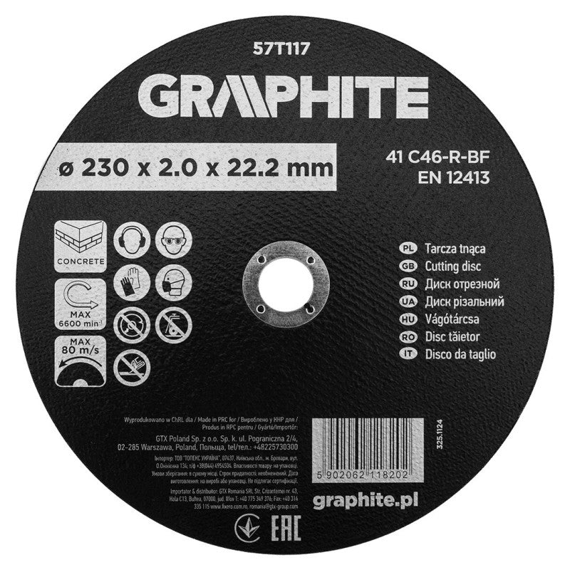 GRAPHITE Cutting disc, corundum for concrete 230 x 2.0 x 22.2 mm, 41 C46-R-BF — 57T117