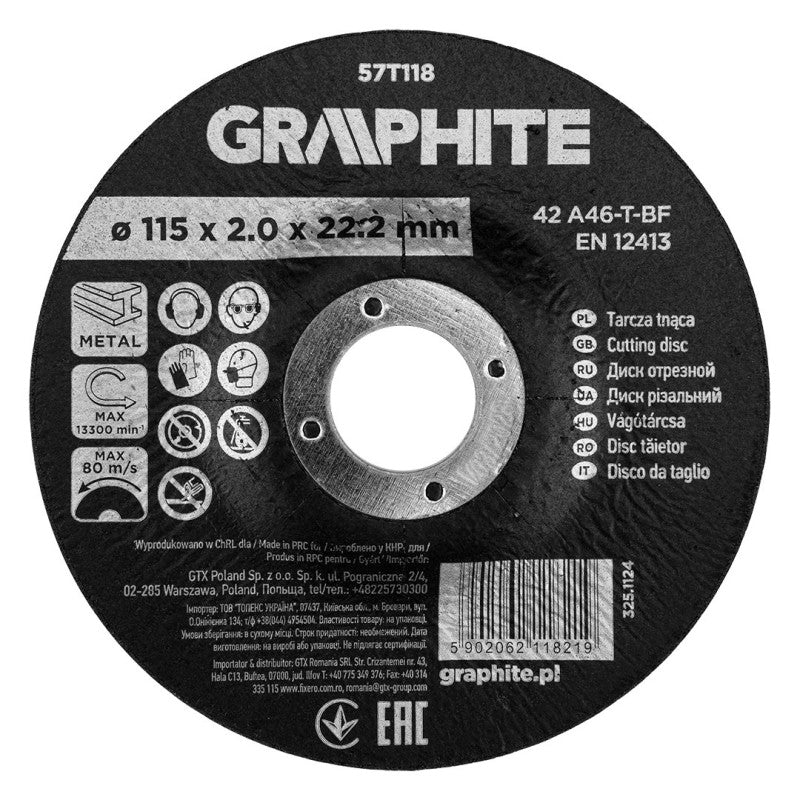 GRAPHITE Cutting wheel, corundum for metal, convex 115 x 2.0 x 22.2 mm, 42 A46-T-BF — 57T118