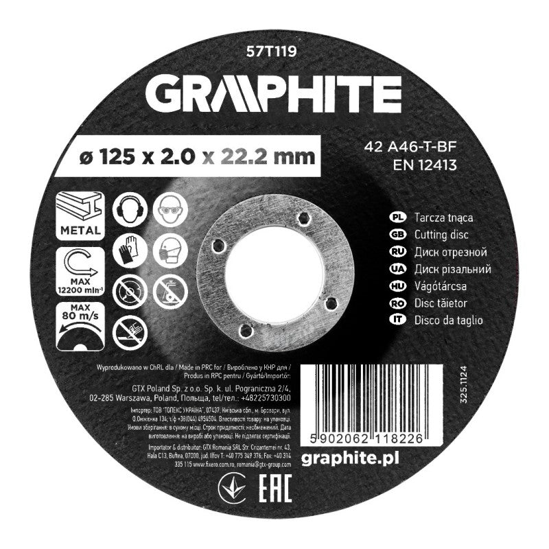GRAPHITE Cutting disc, corundum for metal, convex 125 x 2.0 x 22.2 mm, 42 A46-T-BF — 57T119