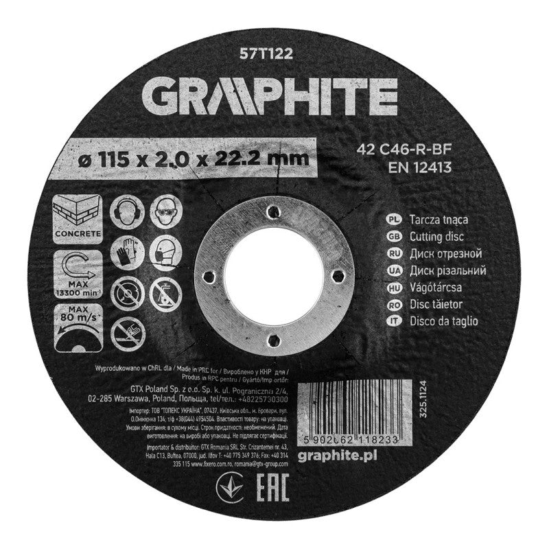 GRAPHITE Cutting disc, aluminium oxide for concrete, convex 115 x 2.0 x 22.2 mm, 42 C46-R-BF — 57T122