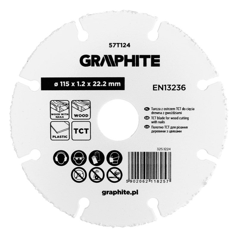 GRAPHITE TCT blade for wood cutting with nails 115 x 1.2 x 22.22 mm — 57T124
