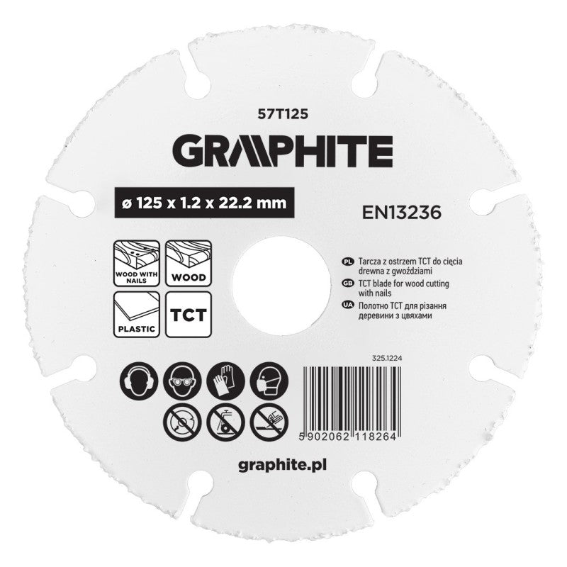 GRAPHITE TCT blade for wood cutting with nails 125 x 1.2 x 22.22 mm — 57T125