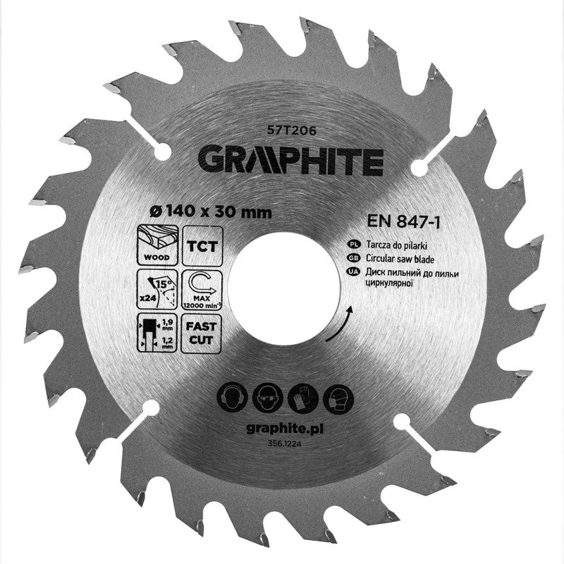 GRAPHITE Saw blade, widia, 140 x 30 mm, 24 teeth — 57T206