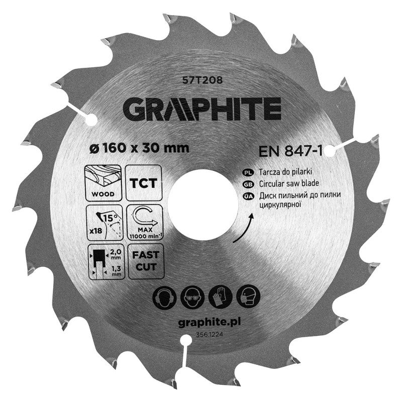 GRAPHITE Saw blade, widia, 160 x 30 mm, 18 teeth — 57T208