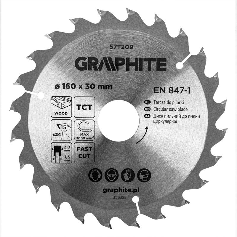 GRAPHITE Saw blade, widia, 160 x 30 mm, 24 teeth — 57T209
