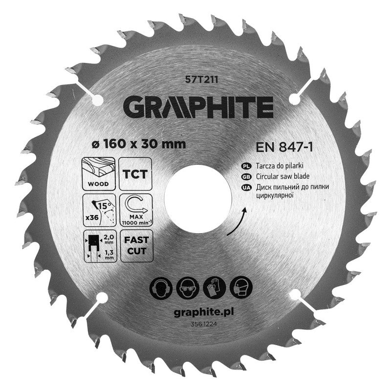 GRAPHITE Circular saw blades with HM tips 160 x 30mm, 36 teeth — 57T211