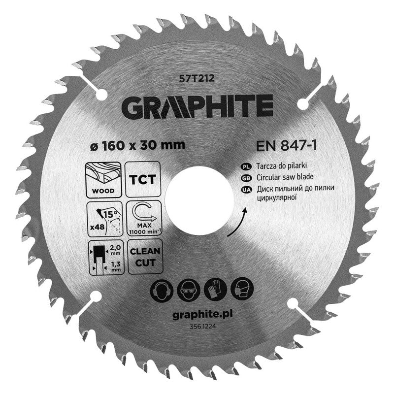 GRAPHITE Saw blade, widia, 160 x 30 mm, 48 teeth — 57T212