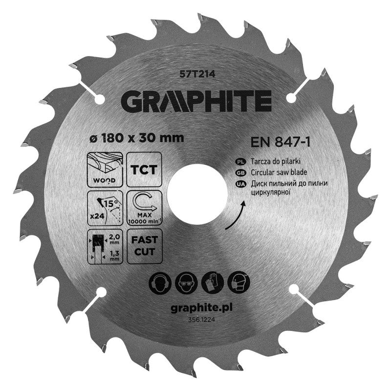 GRAPHITE Circular saw blades with HM tips 180 x 30mm, 24 teeth — 57T214