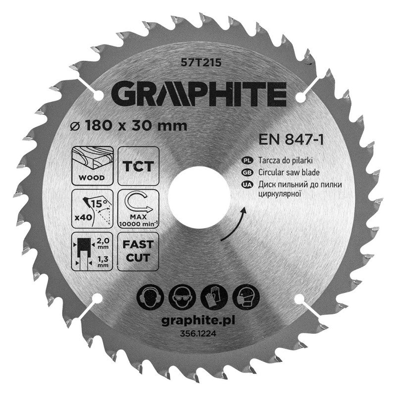 GRAPHITE Saw blade, widia, 180 x 30 mm, 40 teeth — 57T215