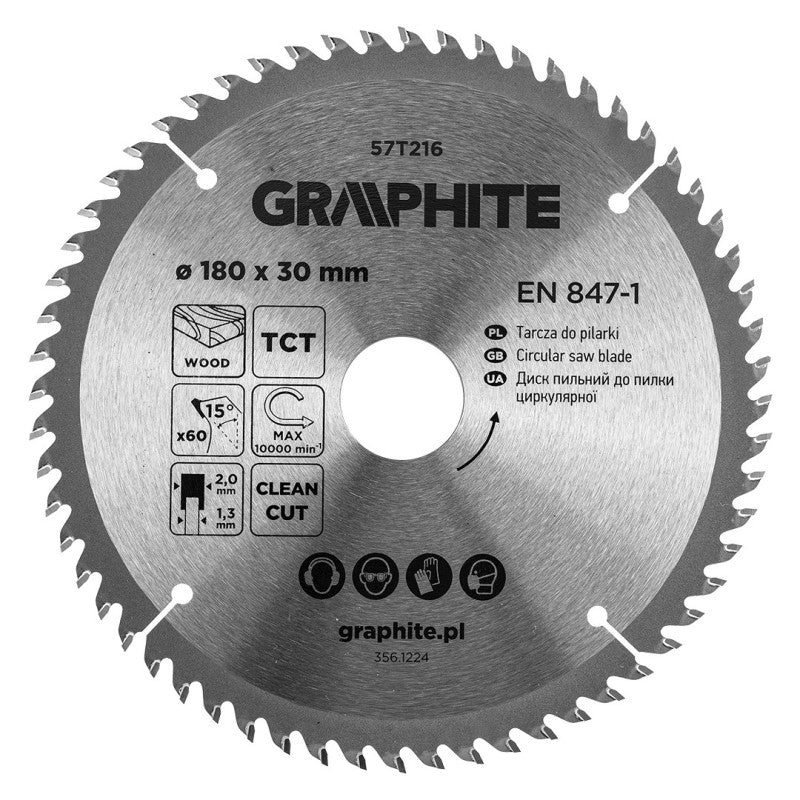 GRAPHITE Saw blade, widia, 180 x 30 mm, 60 teeth — 57T216