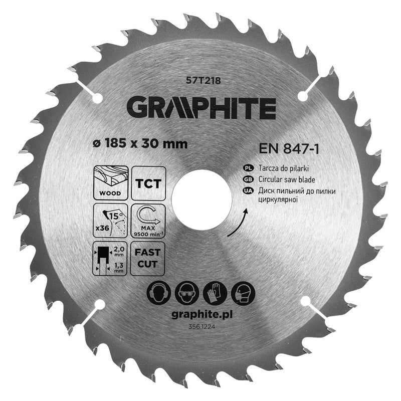 GRAPHITE Saw blade, widia, 185 x 30 mm, 36 teeth — 57T218