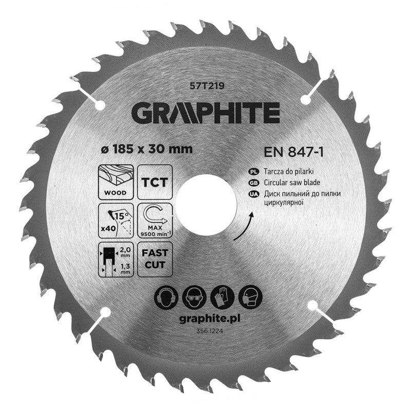 GRAPHITE Saw blade, widia, 185 x 30 mm, 40 teeth — 57T219