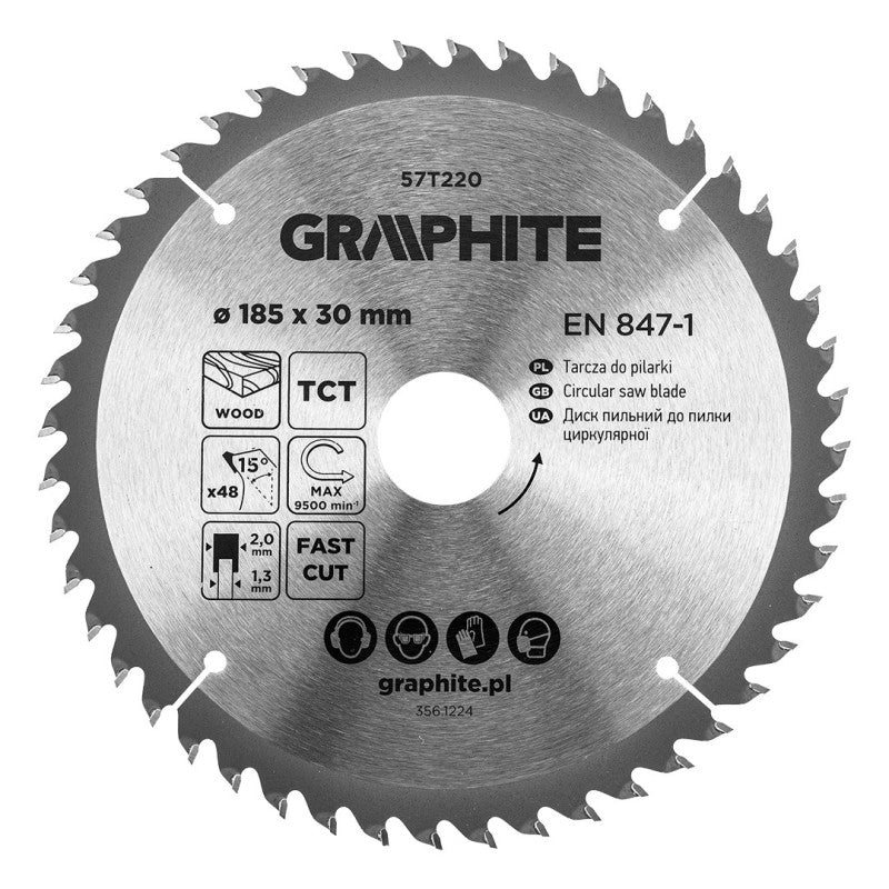 GRAPHITE Saw blade, widia, 185 x 30 mm, 48 teeth — 57T220