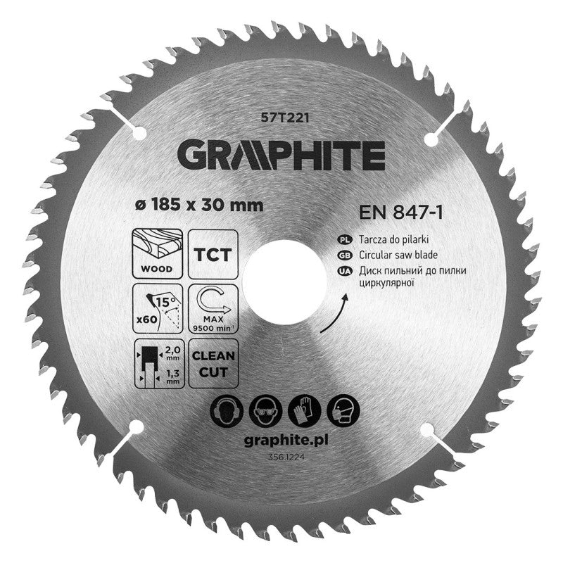 GRAPHITE Saw blade, widia, 185 x 30 mm, 60 teeth — 57T221
