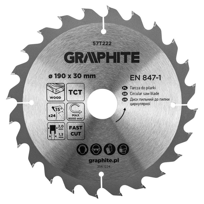 GRAPHITE Saw blade, widia, 190 x 30 mm, 24 teeth — 57T222