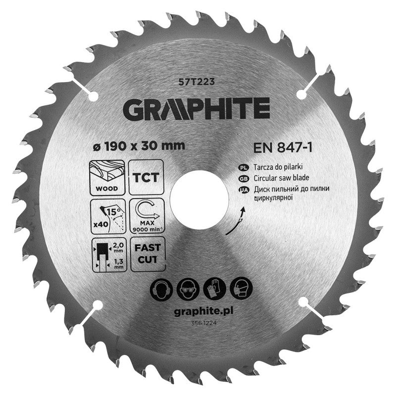 GRAPHITE Saw blade, widia, 190 x 30 mm, 40 teeth — 57T223