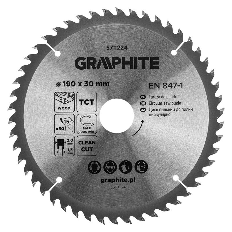 GRAPHITE Saw blade, widia, 190 x 30 mm, 50 teeth — 57T224