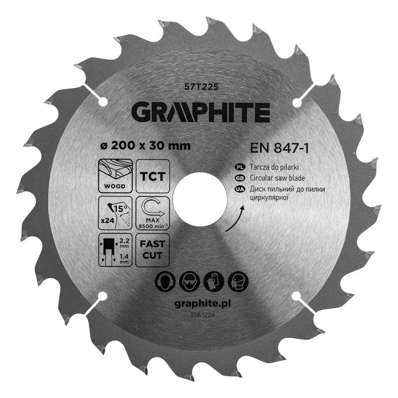 GRAPHITE Saw blade, widia, 200 x 30 mm, 24 teeth — 57T225