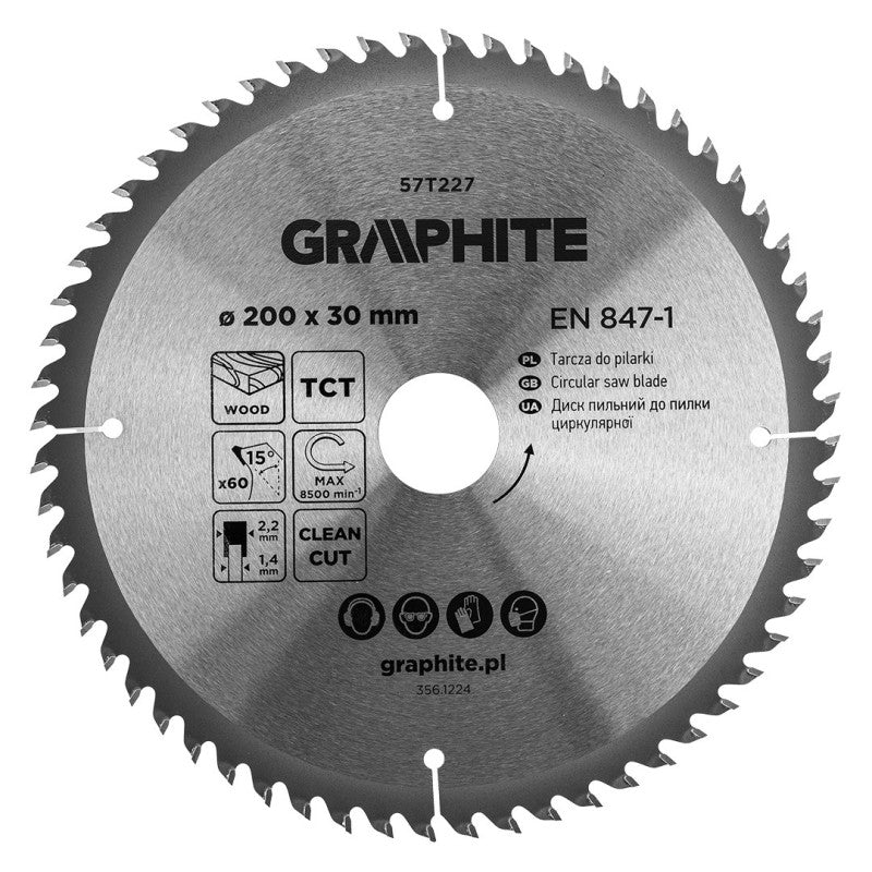 GRAPHITE Saw blade, widia, 200 x 30 mm, 60 teeth — 57T227