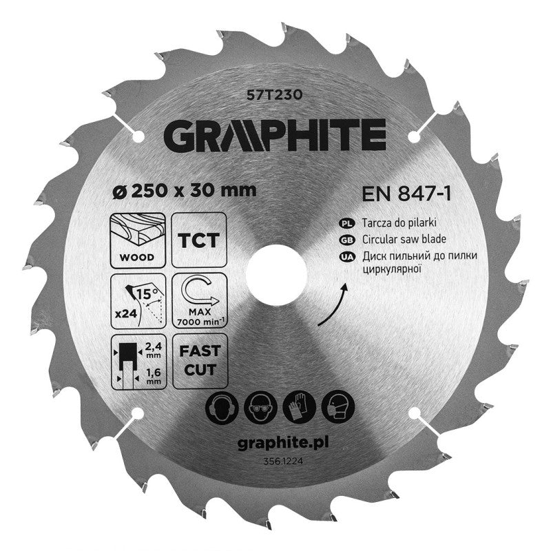 GRAPHITE Circular saw blades with HM tips 250 x 30mm, 24 teeth — 57T230