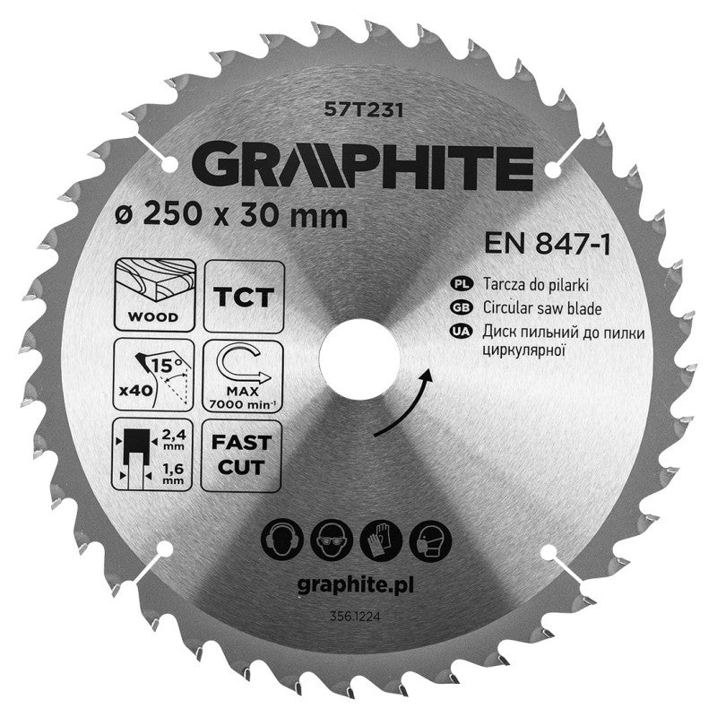 GRAPHITE Saw blade, widia, 250 x 30 mm, 40 teeth — 57T231
