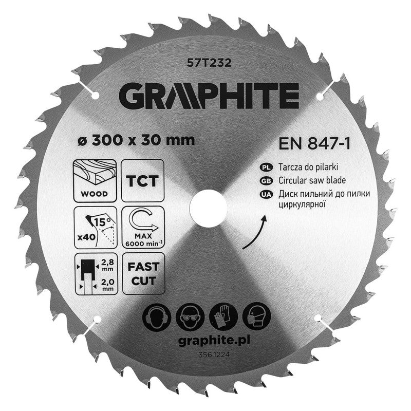 GRAPHITE Saw blade, widia, 300 x 30 mm, 40 teeth — 57T232