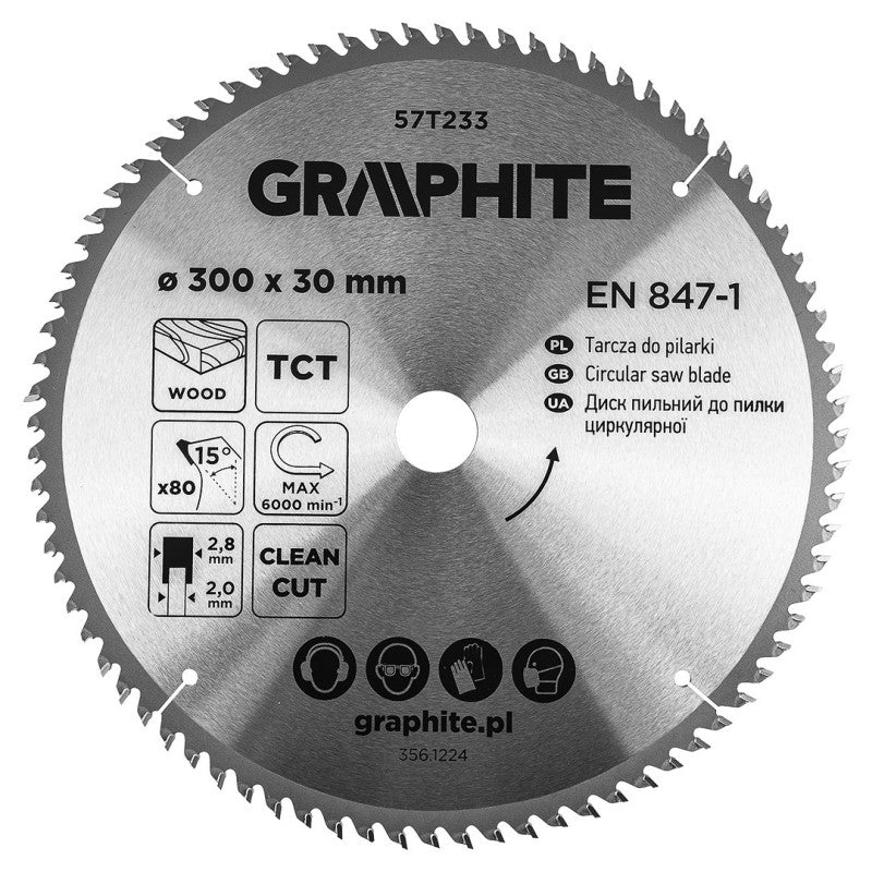 GRAPHITE Circular saw blades with HM tips 300 x 30mm, 80 teeth — 57T233