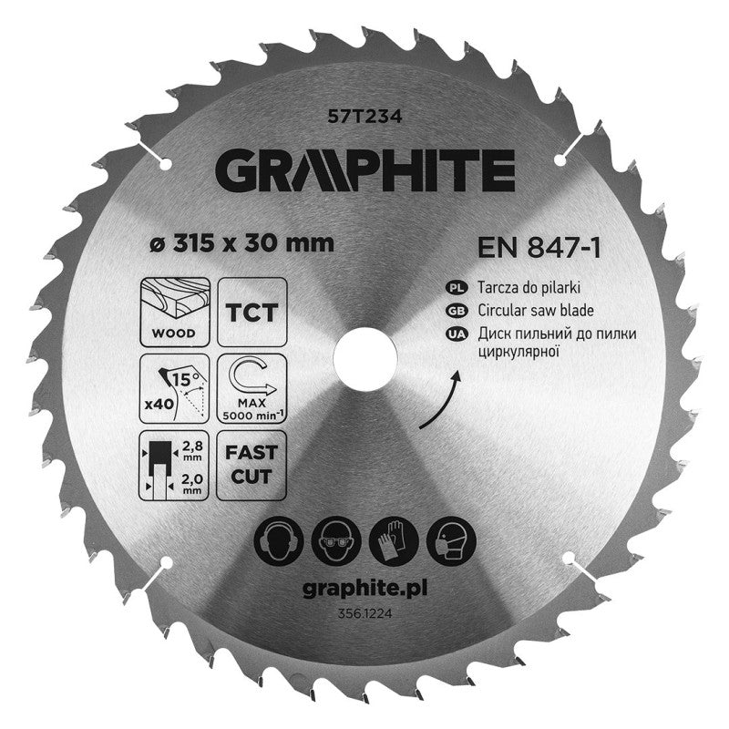 GRAPHITE Saw blade, widia, 315 x 30 mm, 40 teeth — 57T234