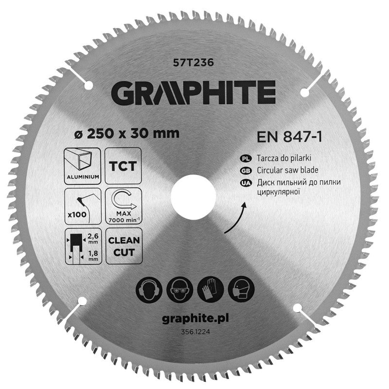 GRAPHITE Saw blade, widia, 250 x 30 mm, 100 teeth, for aluminium — 57T236