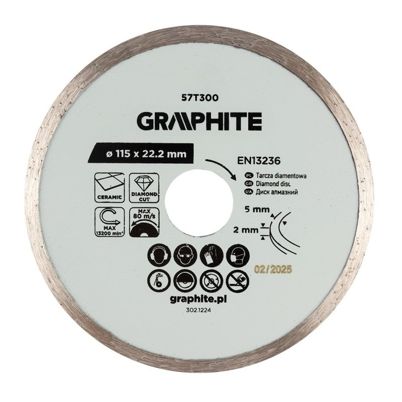 GRAPHITE Full diamond cutting disc, 115 x 22.2 mm, wet — 57T300