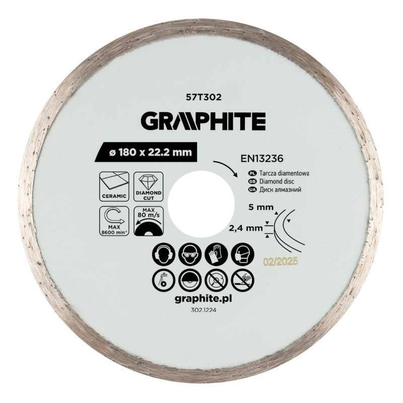 GRAPHITE Full diamond cutting disc, 180 x 22.2 mm, wet — 57T302