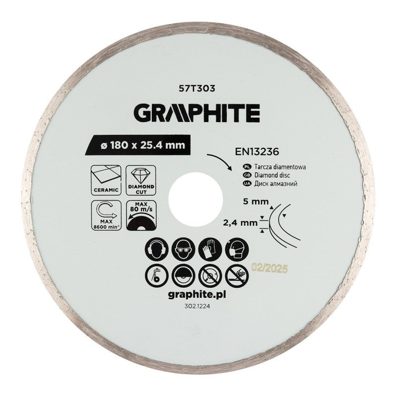 GRAPHITE Full diamond cutting disc, 180 x 25.4 mm, wet — 57T303