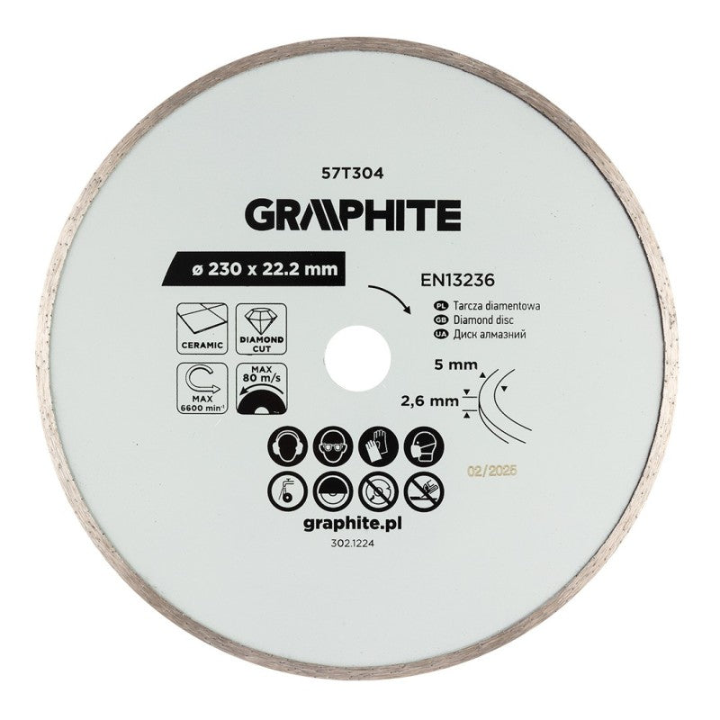 GRAPHITE Full diamond cutting disc, 230 x 22.2 mm, wet — 57T304