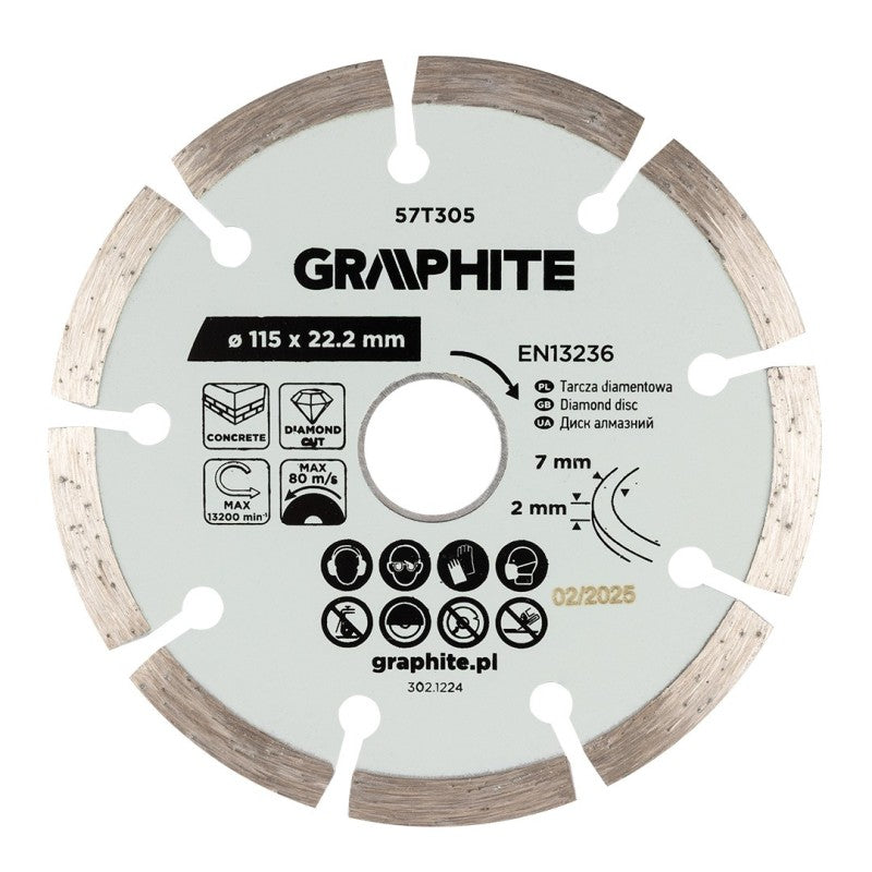 GRAPHITE Segmented diamond cutting disc, 115 x 22.2 mm, dry — 57T305