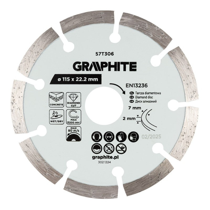 GRAPHITE Segmented diamond cutting disc, 115 x 22.2 mm, dry and wet — 57T306