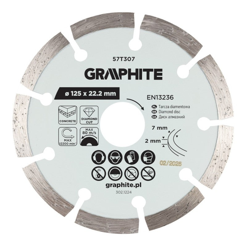 GRAPHITE Segmented diamond cutting disc, 125 x 22.2 mm, dry — 57T307