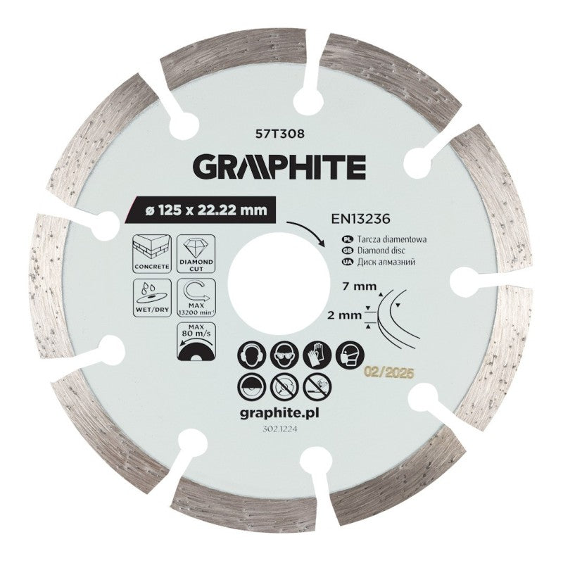 GRAPHITE Segmented diamond cutting disc, 125 x 22.2 mm, dry and wet — 57T308