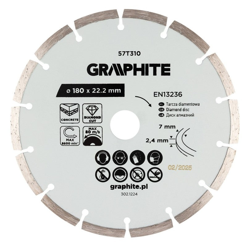GRAPHITE Segmented diamond cutting disc, 180 x 22.2 mm, dry — 57T310