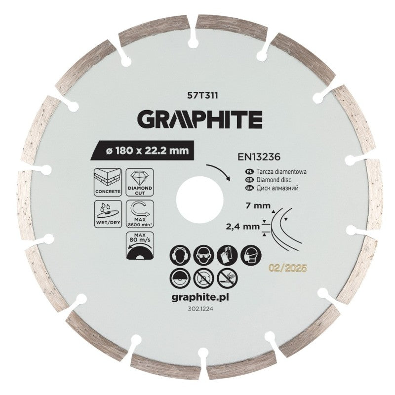 GRAPHITE Segmented diamond cutting disc, 180 x 22.2 mm, dry and wet — 57T311