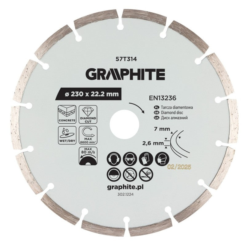 GRAPHITE Segmented diamond cutting disc, 230 x 22.2 mm, dry and wet — 57T314