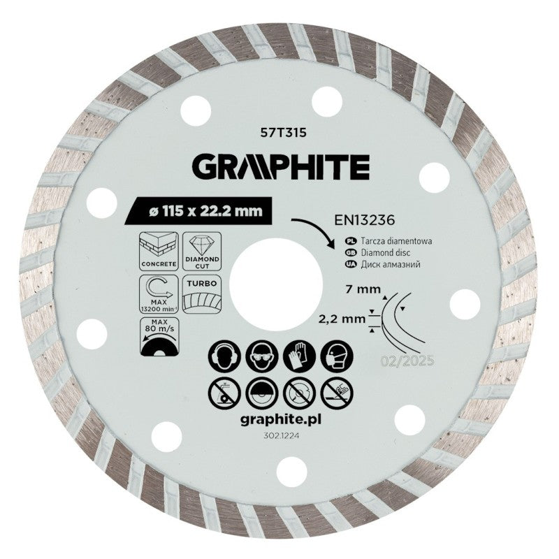 GRAPHITE Turbo cutting diamond disc, 115 x 22.22 mm, dry — 57T315