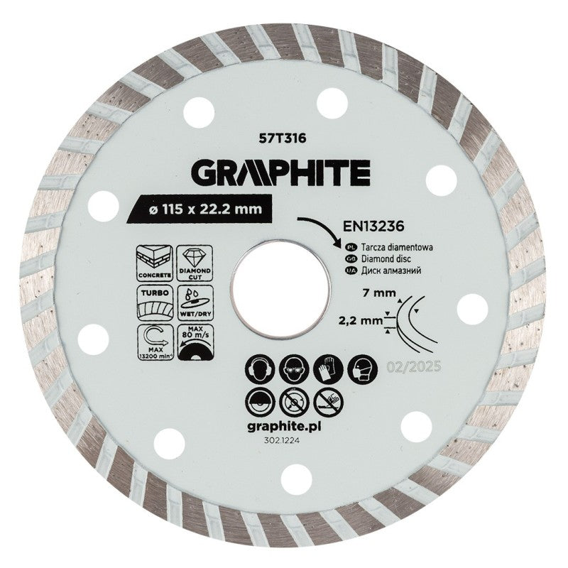 GRAPHITE Turbo cutting diamond disc, 115 x 22.22 mm, dry and wet — 57T316