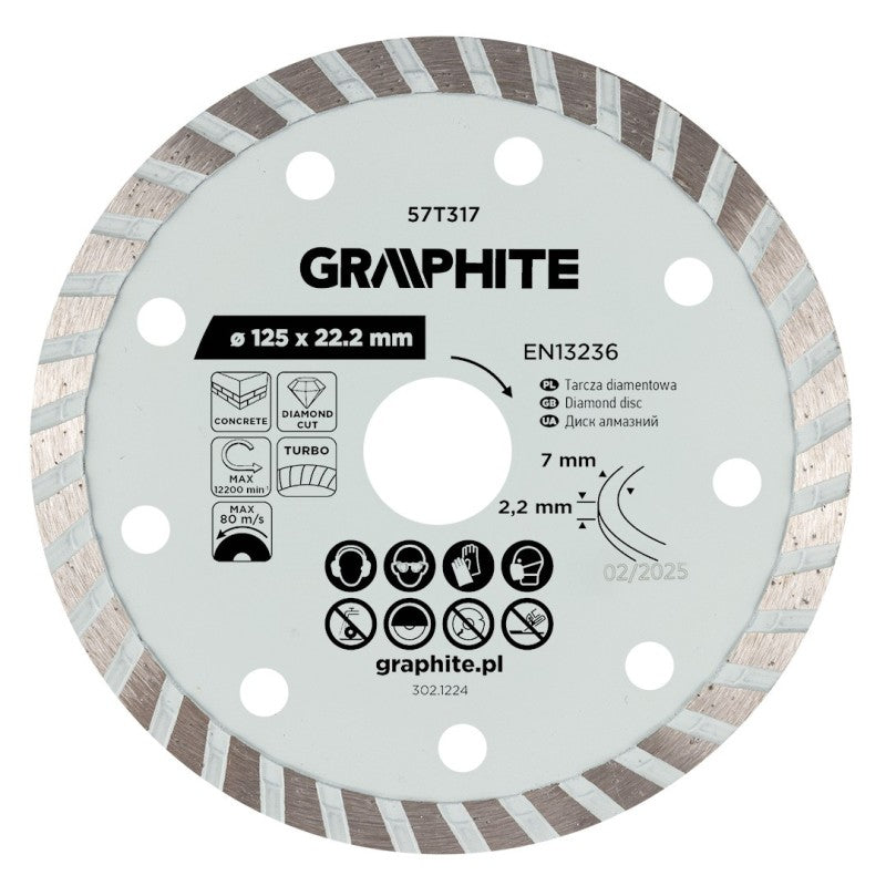 GRAPHITE Turbo cutting diamond disc, 125 x 22.22 mm, dry — 57T317